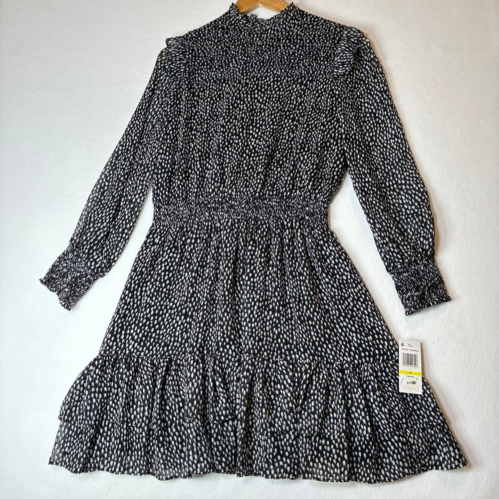 MSK Dress NWT $79 Womens M Black Cream Chiffon Mock Neck Smocked Ruffle